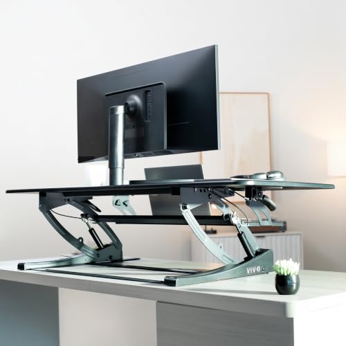 VIVO 54 inch Manual Height Adjustable Large Standing Desk Converter, Quick Sit-Stand Desk Riser, Tabletop Pneumatic Assist Height Adjust 6.5 to 17 inch, Black, DESK-V054V - color: Black, size: 54"