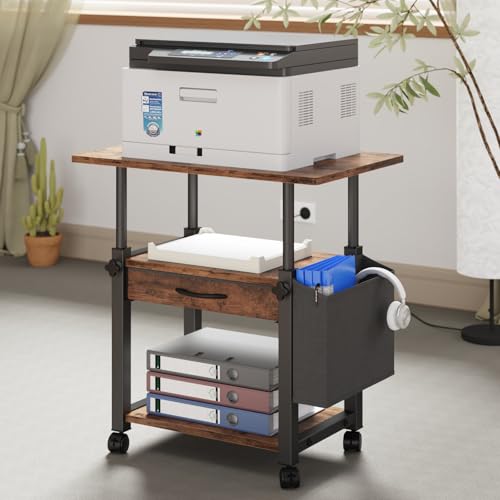 YAOHUOO 22"x15" Large Printer Stand with Drawer, 3-Tier Rolling Table Cart - color: Rustic Brown, size: 3-Tier