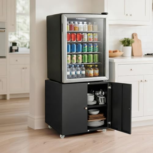 Metal Fridge Printer Stand Cabinet with Storage and Wheels, Black - color: Black - 24''wx24''dx24''h