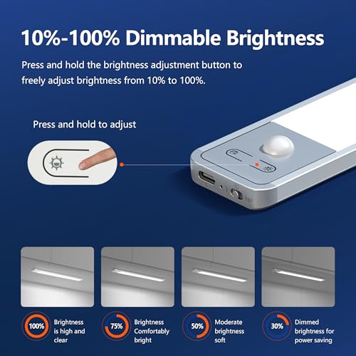 Rechargeable Under Cabinet Lighting, Motion Sensor Wireless LED Cabinet Light with 2500mAh Battery & USB-C Fast Charging, Magnetic Closet Light for Kitchen, Pantry, Stairs, Hallway, 2 Pack