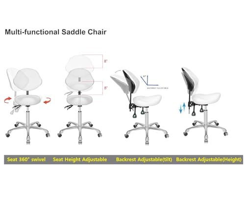 Kaleurrier Saddle Stool with Back Support: Rolling Saddle Chair with Wheels - color: White, size: With Back
