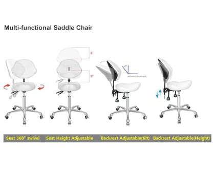 Kaleurrier Saddle Stool with Back Support: Rolling Saddle Chair with Wheels - color: White, size: With Back