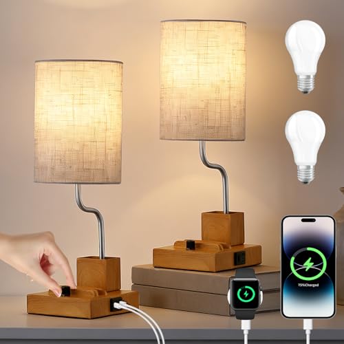 EOEYYOYB Set of 2 Vintage Table Lamps, Stepless Dimmable with AC Outlet, USB A & C Charging Port, Multifunctional Base Bedside Lamps for Living Room, Bedroom, Office Reading, Burlywood - color: Burlywood, size: 2 Sets