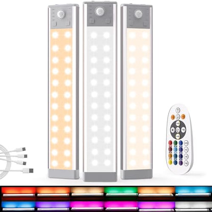 Hopedone Rechargeable Motion Sensor Under Cabinet Lights, White 3-Pack | Individual USB charging, 3 color temperatures, 12 RGB effects, remote dimming, 30/60-minute timers, magnetic mounting - size: 3 Pack