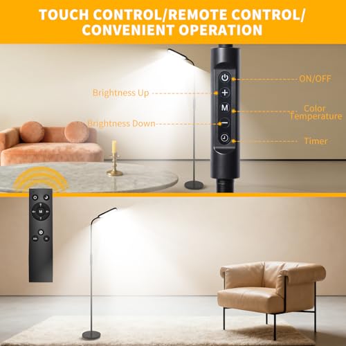 CRI95+ Floor Lamps for Living Room, 18W 3000LM Standing Lamp with 3 Color Temps, Gooseneck Adjustable Dimmable Lamp with Remote, Touch Control for Bedroom, Office, Tattoo Light