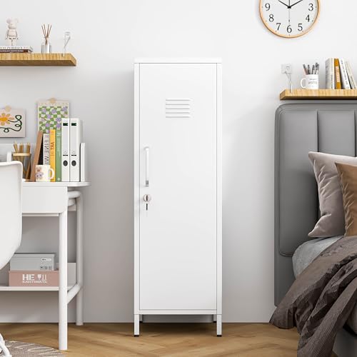 PAOFIN 47" Metal Storage Locker, Lockable Employees Metal Locker with Door and Adjustable Shelves, Steel Locker for Home, School, Office, Gym (White) - color: White, size: 1 door-47"