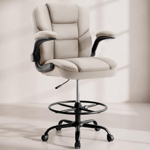 Drafting Chair 500Lbs, Tall Office Chair for Standing Desk, High PU Leather Executive Office Chair with Flip-up Armrests, Ergonomic High Chair with Adjustable Foot Ring, Comfy Stool Chairs, Beige - color: Beige