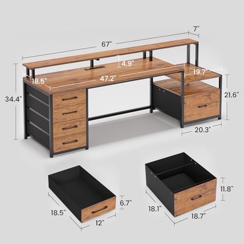 SEDETA 66'' Computer Desk with 5 Drawer, Power Outlet for Home Office - color: Rustic Brown With Led Lights, size: 67X18.5inch