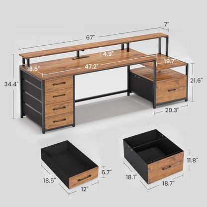SEDETA 66'' Computer Desk with 5 Drawer, Power Outlet for Home Office - color: Rustic Brown With Led Lights, size: 67X18.5inch