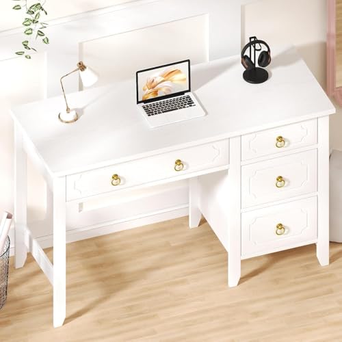 MaverickFurni 45" White Desk with Drawers, Small Desk with Golden Handle | Home Office Desk with Storage for Bedroom, Make Up Vanity Desk with Gold Accents for Girls, White
