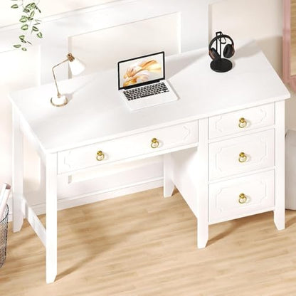 MaverickFurni 45" White Desk with Drawers, Small Desk with Golden Handle | Home Office Desk with Storage for Bedroom, Make Up Vanity Desk with Gold Accents for Girls, White