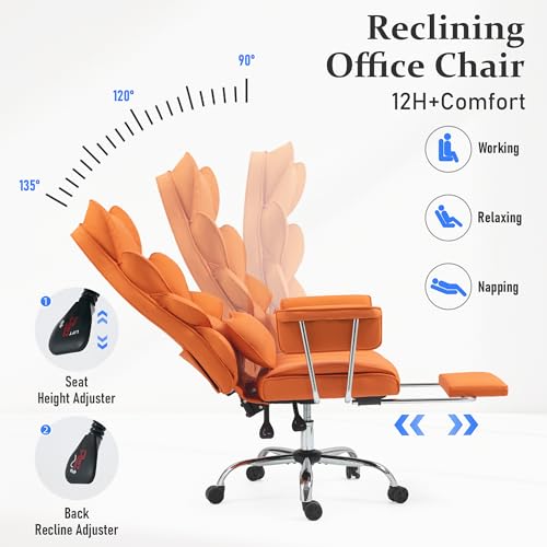 500 Lbs Kneading Massage Office Chair with Foot Rest Reclining | Orange, Ergonomic Computer Chair, High Back Thick Cushion, Big & Tall, Comfy Leather, Heavy Duty Home Executive - color: Orange