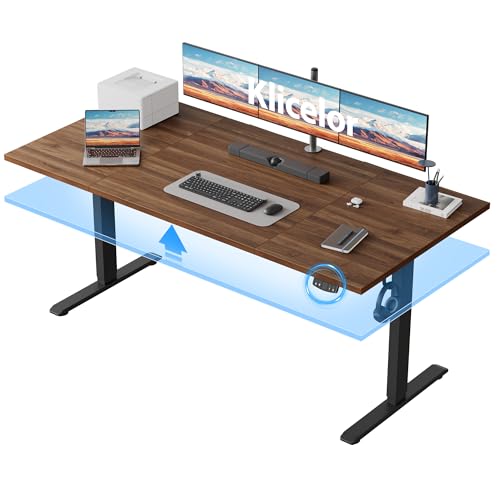 Klicelor 63 Inch Large Electric Standing Desk, Height Adjustable Office Desk, Sit Stand Up Computer Gaming Desk with Memory Preset, Three-Piece Desktop, Dark Walnut - color: Dark Walnut, size: 63 x 24 Inch