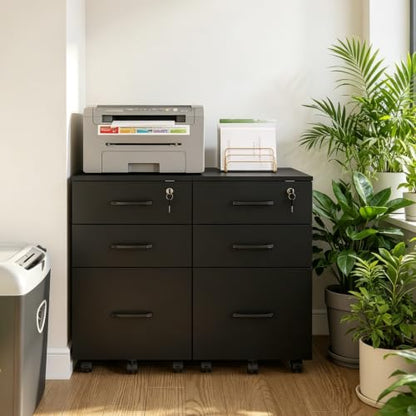 Lockable 3-Drawer Mobile Filing Cabinet with Wheels, Heavy-Duty Vertical Under Desk Storage & Printer Stand, Compatible with A4, Letter, Legal Size Hanging Files Home Office Use (Black) - color: Black