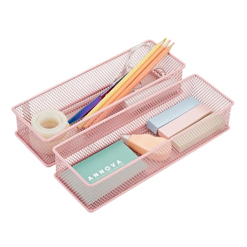 Annova Mesh Stackable Drawer Cabinet and Shelf Organizer Bins Storage Basket School Office Supply Holder Tray- Set of 2 (Light Pink, 3x9x2 Inch) - color: Light Pink, size: 3x9x2 Inch