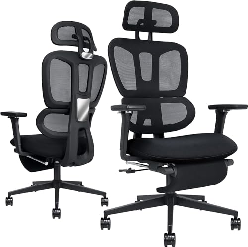 Ergonomic Office Chair with Retractable Footrest, Black | High Back Design, Dynamic Lumbar Support, 2D Headrest & 4D Armrests, Breathable Mesh Back for Home Office - color: Black
