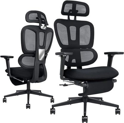 Ergonomic Office Chair with Retractable Footrest, Black | High Back Design, Dynamic Lumbar Support, 2D Headrest & 4D Armrests, Breathable Mesh Back for Home Office - color: Black