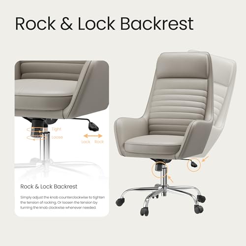 COLAMY Ellis High-Back Home Office Desk Chair, Leather Executive Chair with Integrated Armrests, Khaki - color: Khaki