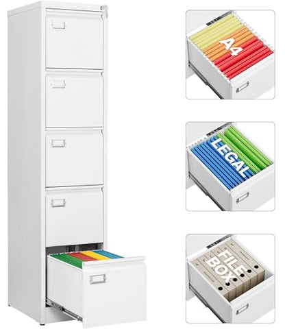 SISESOL 5 Drawer File Cabinet with Lock,White Narrow Vertical File Cabinet Five Drawer,Tall Office Filing Cabinets,Metal Filing Cabinets for Home Office,Fit A4,Legal,Letter Size,-Assembly Required - color: White, style: 5 Drawer