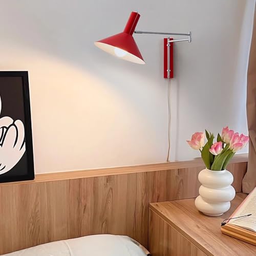 Red Industrial Plug in Wall Sconce - Swing Arm Wall Lamp with On/Off Switch, Adjustable Angle, E27 Socket, Metal Wall Light for Bedside Reading, Desk, Office, Hallway Lighting