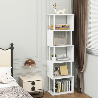 IBUYKE 6-Tier Tall Bookshelf,S-Shaped Geometric Bookcase,White WBC016W - color: White, size: 6 Tier