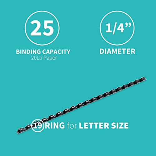 Binditek Plastic Binding Comb Spines, 1/4 Inch, 19 Ring, Black, 200 Pack | Plastic Binding Combs, 1/4 Inch Diameter, 25 Sheet Capacity, for Letter Size, for Students and Coworkers - size: 1/4"(25 Sheet Capacity), style: 200 Pack
