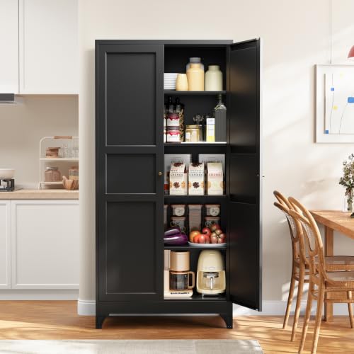 Metal Pantry Cabinet, 75" Kitchen Pantry with 2 Door and 4 Adjustable Shelves,Black Metal Pantry Storage Cabinet,Cupboard for Kitchen,Dining Room,Living Room and Bathroom - color: Black, size: 75"- 4 Adjustable Shelves