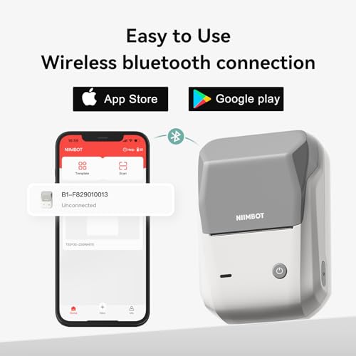 NIIMBOT B1 Label Maker Machine with Tape for Home and School, Gray White | 2 Inch Portable Label Printer Bluetooth Thermal Sticker Printer for Small Business Labeling, Compatible with Phones & PC - color: Gray White, style: Printer+Tape