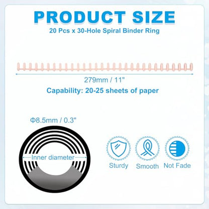 PATIKIL 8.5mm(0.3") Spiral Binder Ring,20 Pcs 30 Rings 25 Sheet Capacity Comb Binding Spines for Binding Paper Sheets Notebook Calendar Picture Album, Light Pink - color: Light Pink