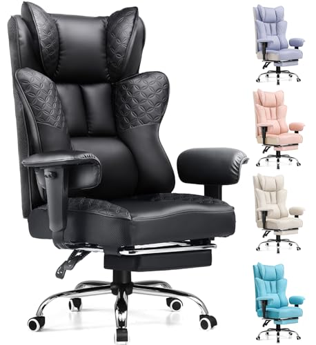 GTPLAYER Big and Tall Office Chair Wide Ergonomic Gaming Chair with Deluxe Embossing Designed Leather with Foot Rest,150°Reclining Adjustable Soft Armrests Pocket Spring Back Support and Pillow - color: Pu-black
