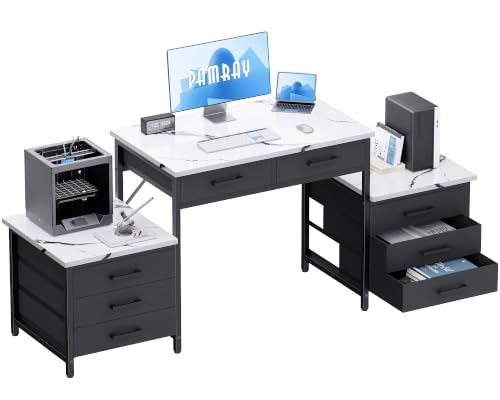 Pamray 63 Inch Office Desk with 8 Drawers and Printer Shelves for Computer | Space-saving, Ample Storage, Large Workspace, Easy Assembly, Sturdy, Suitable for Home Office Study Gaming, Bedroom and Dorms - color: Marble