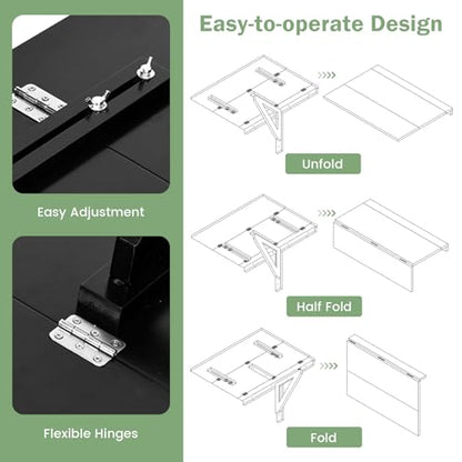 Wall Mounted Folding Table, 31.5" x 23.5" Floating Desk for Small Space, Countertop Extension Fold Down, Laundry Folding Table, Hanging Drop Leaf Table for Apartment, Study, Bedroom (Black) - color: Black