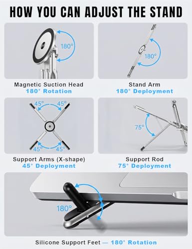 4-in-1 Foldable Laptop Stand & Magnetic Phone Holder, Silver Aerospace Aluminum Portable Desk Mount with N52 MagSafe Compatible Tripod Handle for MacBook Pro, iPad, Travel & Vlogging - color: Silver