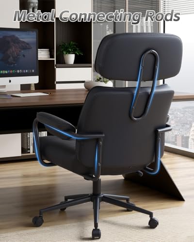 Mid Century Modern Home Office Desk Chair, Ergonomic Office Chair Big and Tall, High Back Executive Office Chair Leather Extra Wide, Computer Chair Comfy, Adjustable Height Rolling Chair, Black - color: Black