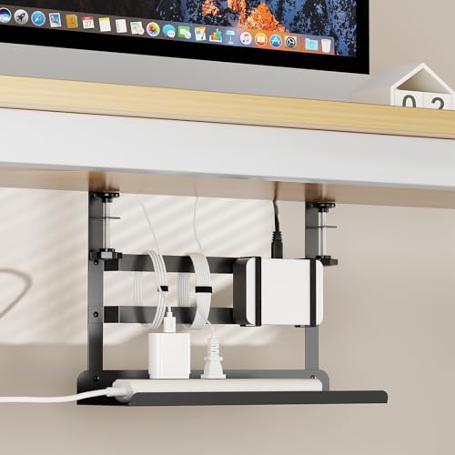Yecaye Metal Under Desk Cable Management Tray, Clamp-On Desk Shelf | No Drill Mount; Anti-scratch Padded Clamps; Dual Wrap Bars; Fits Standing Desks; Metal Structure for Office Cable Storage;