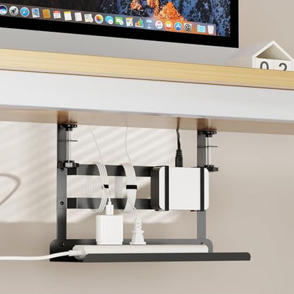 Yecaye Metal Under Desk Cable Management Tray, Clamp-On Desk Shelf | No Drill Mount; Anti-scratch Padded Clamps; Dual Wrap Bars; Fits Standing Desks; Metal Structure for Office Cable Storage;