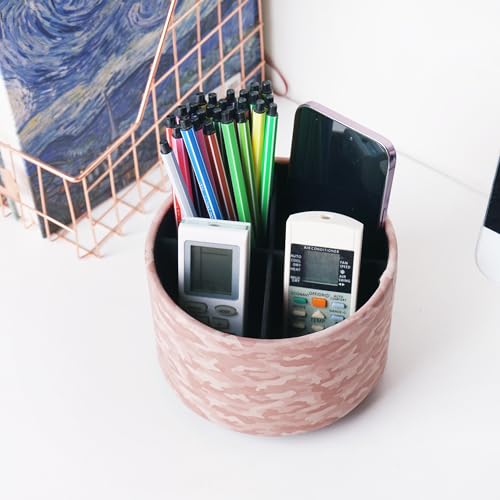 Round Leather Art Supply Organizer,Remote Control Holder,360 Degree Rotating,Multi-Functional Pencil Holder,4 Compartments Desktop Stationary Organizer(1-Camouflage Pink) - color: 1-Camouflage Pink