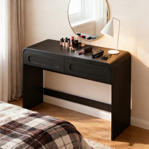 Vanity Desk, Makeup Vanity Desk with 2 Drawers and Storage Desktop Space | Modern Makeup Vanity Dressing Table with Curved Profile Design, Black Makeup Computer Writing Desk for Home Office Bedroom - color: Black, size: 15.7"D x 39"W x 32"H