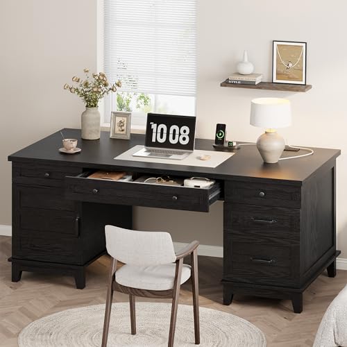 60" Traditional Home Office Desk with Power Outlets, Wooden Executive Desk with File Cabinet and Drawers, Farmhouse Wood Work Desk for Work, Study, Writing, Black - color: Black