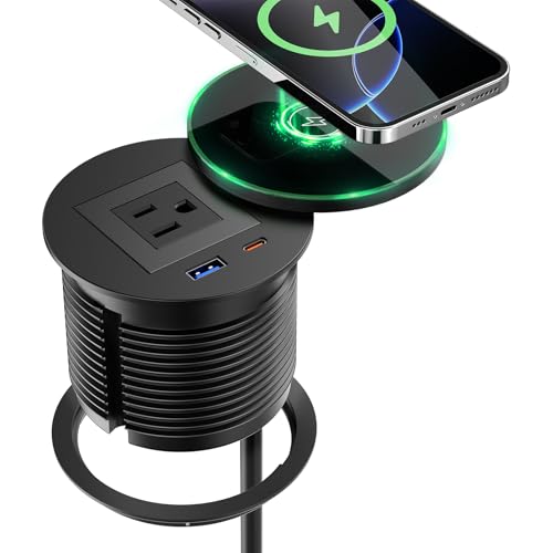 QBA Recessed Power Grommet with 15W Wireless Charger, PD 30W USB-C Port, 1 AC Outlet, 3-1/8 Inch Flush Mount Power Strip for Furniture Nightstand Desk Outlet, ETL Listed - color: Black-15W Wireless Charger