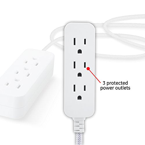 GE 3-Outlet Power Strip 15 Ft Braided Extension Cord with Multiple Outlets | Grounded Flat Plug ETL Listed White 40530 - size: 15 Ft