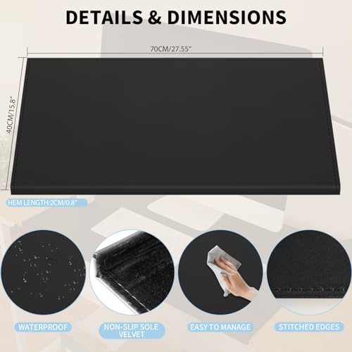 AKOZLIN 27.55”x 15.8" Soft PU Leather Surface Office Desk Mouse Mat Anti-Push Pad with Full Grip Fixation Lip Table Blotter Edge-Locked Protector - color: Black, size: 27.6" x 15.8"