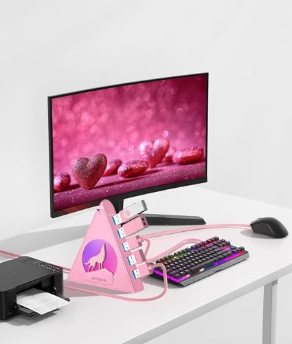 7 USB 3.0 Ports, Howling Wolf Pink USB Hub - 2FT Long Cable, Vertical USB Hub Expander Compatible with PC, Laptop, Flash Drive, HDD, Console, Printer, Keyborad, Mouse - color: Pink