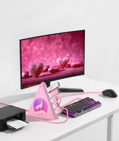 7 USB 3.0 Ports, Howling Wolf Pink USB Hub - 2FT Long Cable, Vertical USB Hub Expander Compatible with PC, Laptop, Flash Drive, HDD, Console, Printer, Keyborad, Mouse - color: Pink