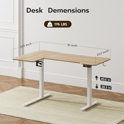 Acrolix L Shaped Electric Standing Desk, 51x31.5 Inch Reversible, Oak - color: Oak, size: 51