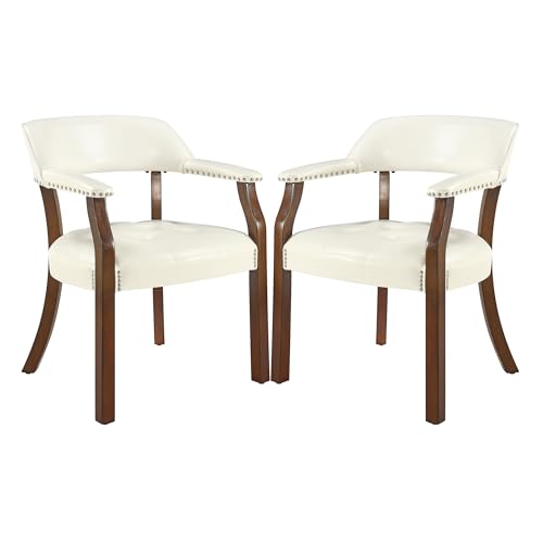 LEEMTORIG Set of 2 Faux Leather Dining Chair with Arms, Dining Chair with Supportive Back, Game Poker Table Chairs, Boss Caption's Chairs Office Desk Chairs, Cherry Walnut Legs & Ivory PU NX173C - color: Cherry Walnut Legs & Ivory Pu, size: Set of 2