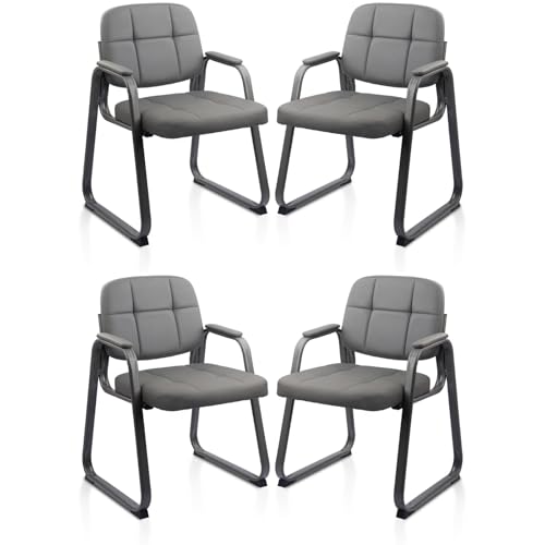 CLATINA Waiting Room Chairs No Wheels Set of 4, Stationary Leather Office Reception Guest Chair with Padded Arms and Sled Base for Elderly Desk Conference Room Lobby Table Side Salon, Grey - color: Grey-sled Base, size: 4 Pack
