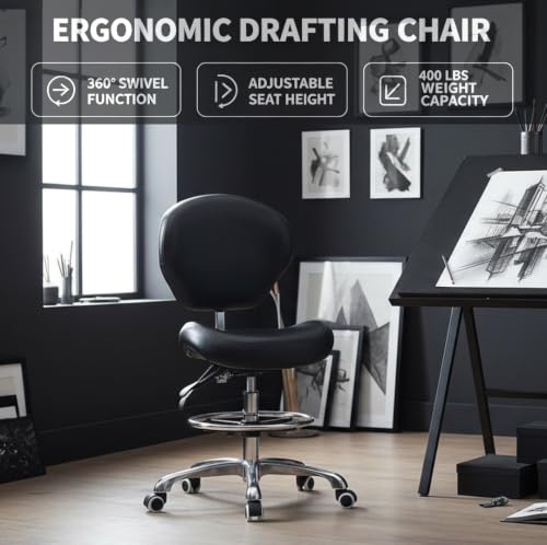 Kaleurrier Adjustable Stools Drafting Chair: with Back Support & Foot Rest | Ergonomic Design Solves Physical Discomfort and Safety Hazards Issues - Heavy Duty 400 lb Weight Capacity - for Professionals - color: Black