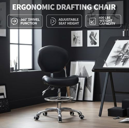 Kaleurrier Adjustable Stools Drafting Chair: with Back Support & Foot Rest | Ergonomic Design Solves Physical Discomfort and Safety Hazards Issues - Heavy Duty 400 lb Weight Capacity - for Professionals - color: Black