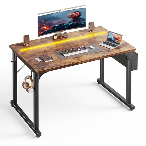 DurayLoly 40" Computer Desk with Waterproof LED Lights for Bedroom,Brown - color: Rustic Brown, size: 40 IN